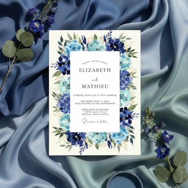 Cobalt Floral Lush Romance Wedding Inbjudningar (Skapare uppladdad)