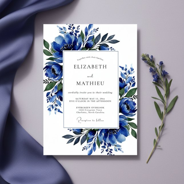 Cobalt Lush Blossom Wedding Inbjudningar (Skapare uppladdad)