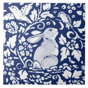 Cobalt Navy Blue Rabbit Bird Dedham Delft Morris C Kakelplatta