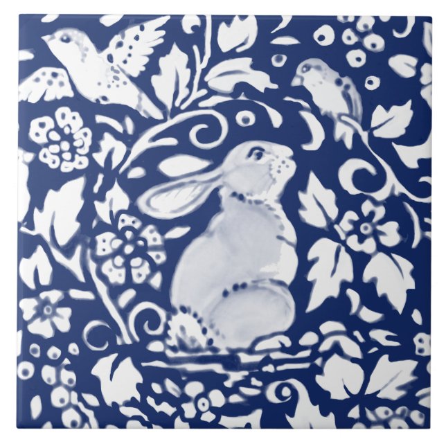 Cobalt Navy Blue Rabbit Bird Dedham Delft Morris C Kakelplatta (Framsidan)