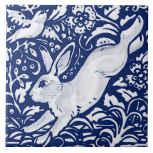 Cobalt Navy Blue Rabbit Bird Dedham Delft Morris  Kakelplatta