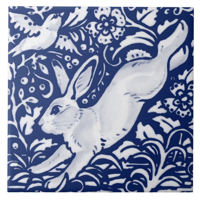 Cobalt Navy Blue Rabbit Bird Dedham Delft Morris  Kakelplatta (Framsidan)