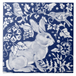 Cobalt Navy Blue Rabbit Bird Dedham Delft Morris  Kakelplatta