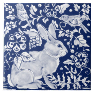 Cobalt Navy Blue Rabbit Bird Dedham Delft Morris Kakelplatta