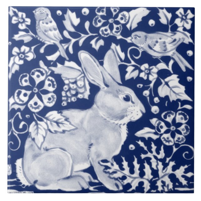 Cobalt Navy Blue Rabbit Bird Dedham Delft Morris  Kakelplatta (Framsidan)