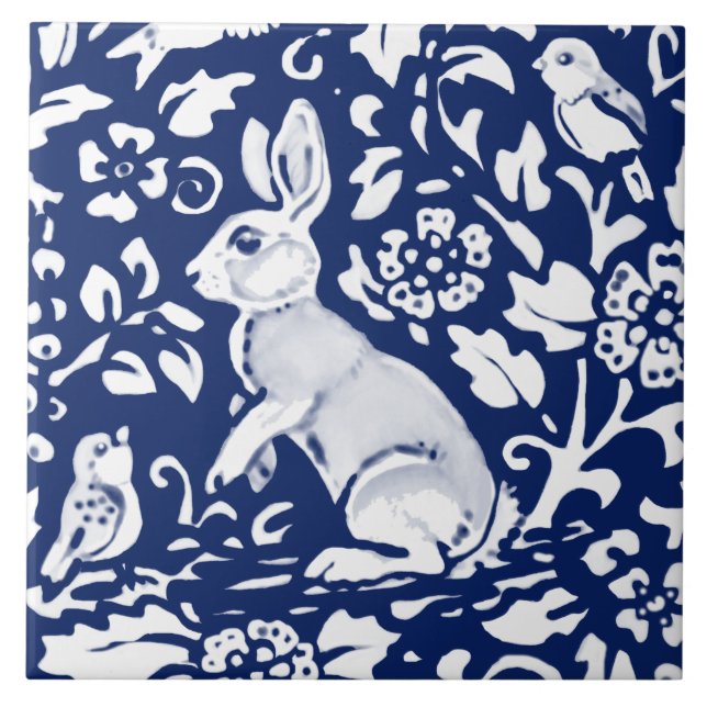 Cobalt Navy Blue Rabbit Bird Dedham Delft Morris Kakelplatta (Framsidan)