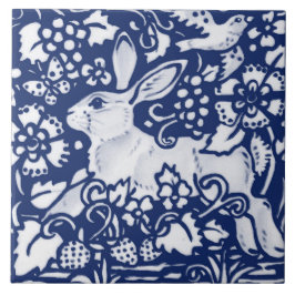 Cobalt Navy Blue Rabbit Bunny Dedham Delft Morris  Kakelplatta