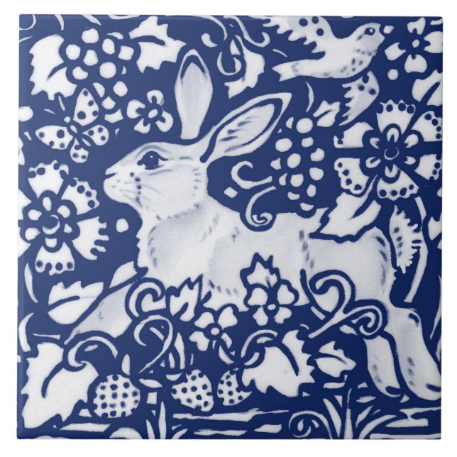 Cobalt Navy Blue Rabbit Bunny Dedham Delft Morris  Kakelplatta (Framsidan)
