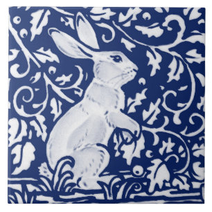 Cobalt Navy Blue Rabbit Bunny Dedham Delft Morris  Kakelplatta