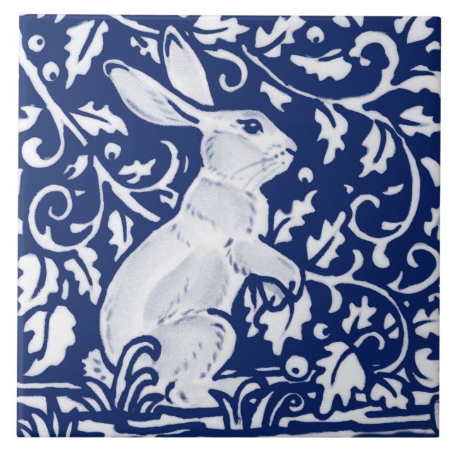 Cobalt Navy Blue Rabbit Bunny Dedham Delft Morris  Kakelplatta (Framsidan)