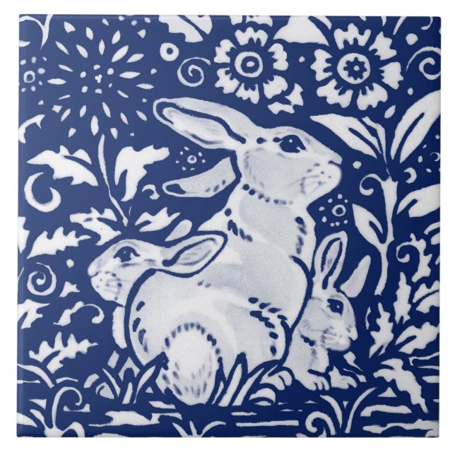 Cobalt Navy Blue Rabbit Bunny Dedham Delft Morris  Kakelplatta (Framsidan)