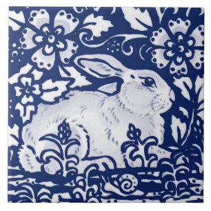 Cobalt Navy Blue Rabbit Bunny Dedham Delft Morris  Kakelplatta