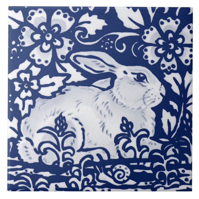 Cobalt Navy Blue Rabbit Bunny Dedham Delft Morris  Kakelplatta (Framsidan)