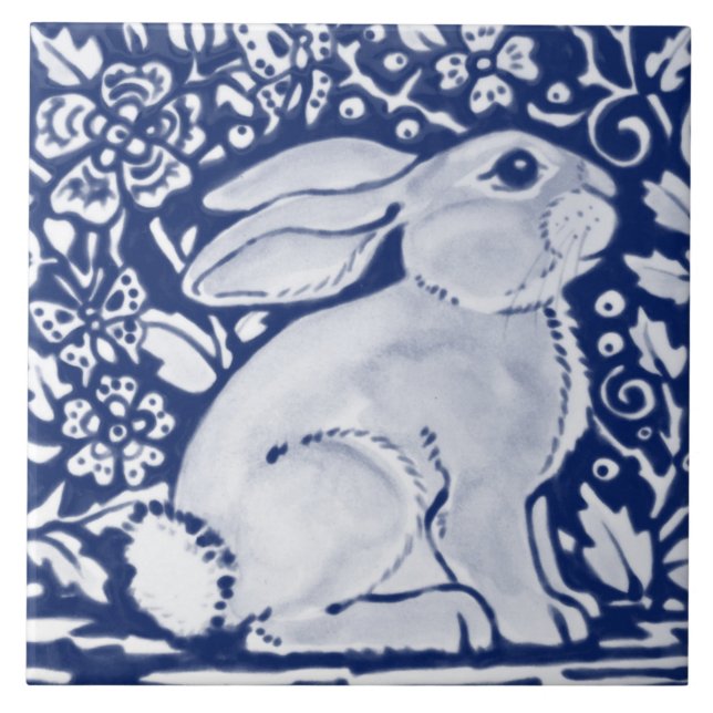 Cobalt Navy Blue Rabbit Chinoiserie Dedham Delft Kakelplatta (Framsidan)