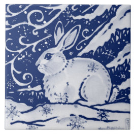 Cobalt Navy Blue Rabbit Winter Snö Scene Dedham Kakelplatta