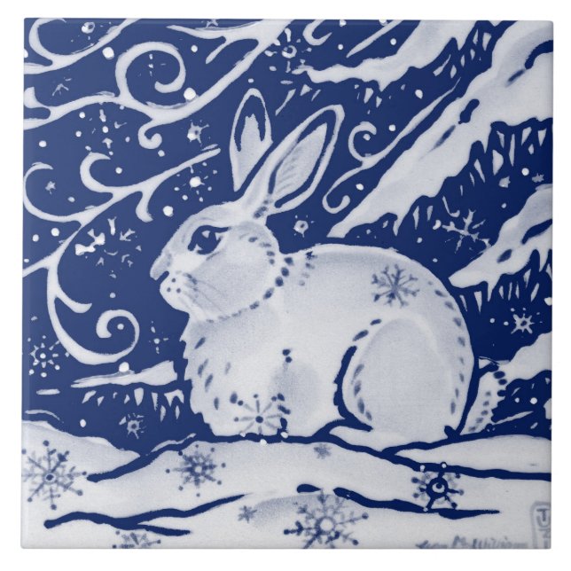 Cobalt Navy Blue Rabbit Winter Snö Scene Dedham Kakelplatta (Framsidan)
