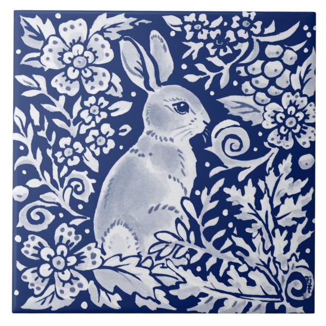 Cobalt Navy Blue Rabbit Woodland Delft Dedham Kakelplatta (Framsidan)