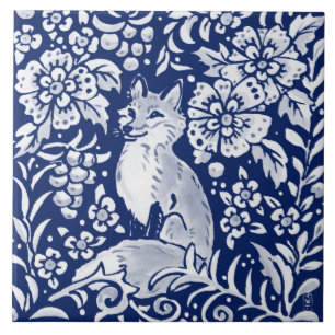 Cobalt Navy Blue Woodland Animal Cute Fox Fern Kakelplatta