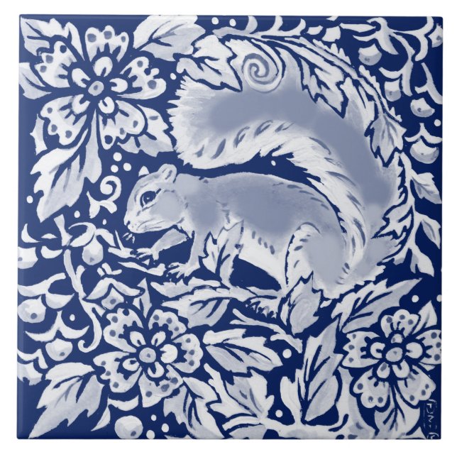 Cobalt Navy Blue Woodland Animal Squirrel i Träd Kakelplatta (Framsidan)