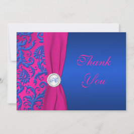 Cobalt och Fuchsia Damask Monogram - tackkort Tack Kort