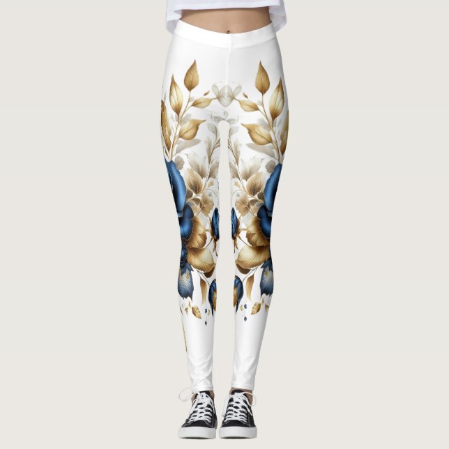 Cobalt White Flowers Leggings (Framsida)