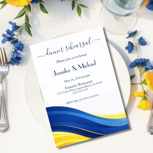 Cobaltblå och lemonengul middagsrepetition  inbjudningar (Cobalt Blue and Lemon Yellow Dinner Rehearsal  Invitation)