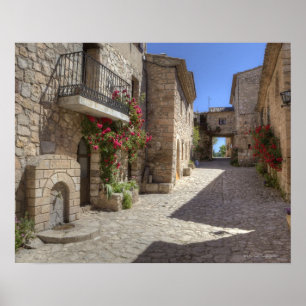 Cobblestone street, stone byggnad, historisk poster