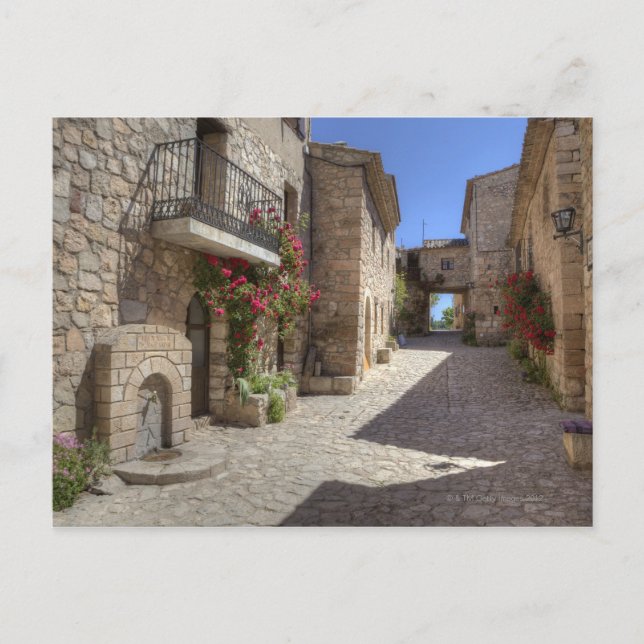 Cobblestone street, stone byggnad, historisk vykort (Framsida)