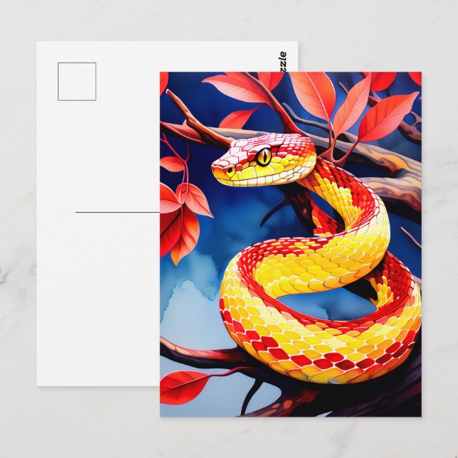 Cobra med pulverröd och gult i träd vykort (Fram/baksida)