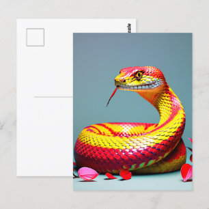 Cobra-orm med pulserande rödskinn och gult vykort