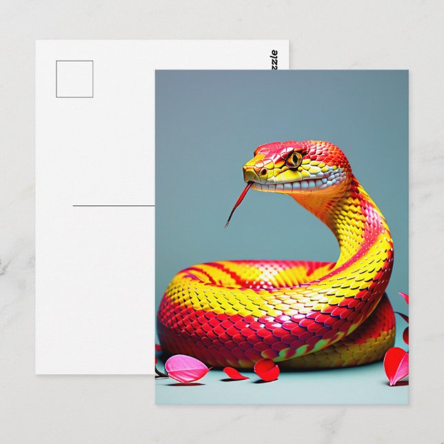 Cobra-orm med pulserande rödskinn och gult vykort (Fram/baksida)