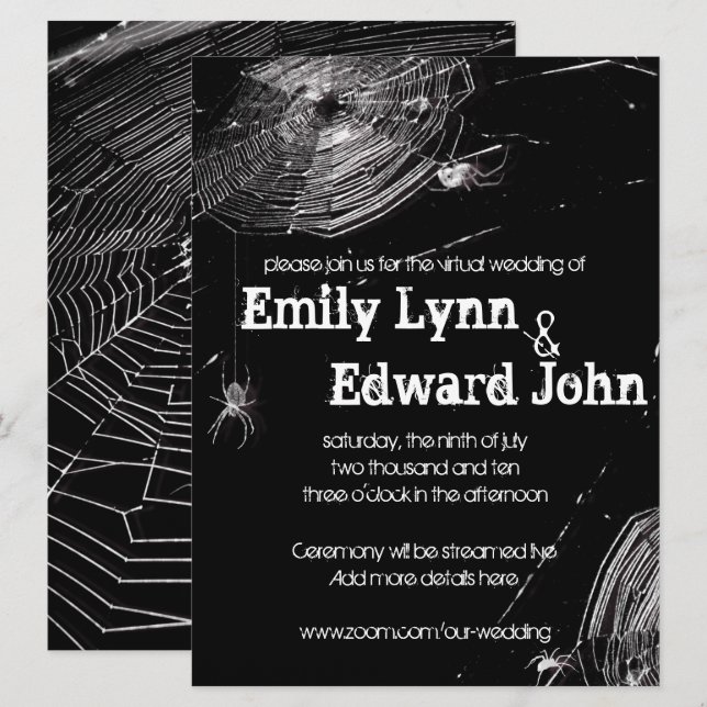 Cobwebb & White Spiders Virtuella Bröllop Inbjudningar (Fram/baksida)
