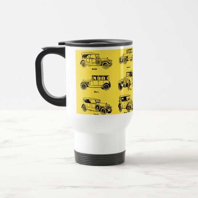 coches antiguos fondo amarillo label rojo retro resemugg (Vänster)