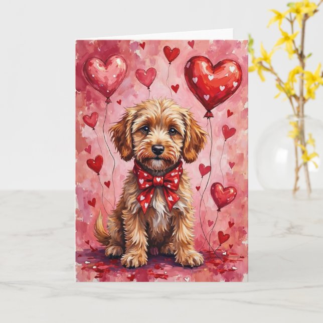 Cockapoo Alla hjärtans dag Hund sittande med hjärt Kort (Gul blomma)
