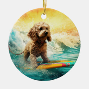 Cockapoo Beach Surfing Målning Julgransprydnad Keramik