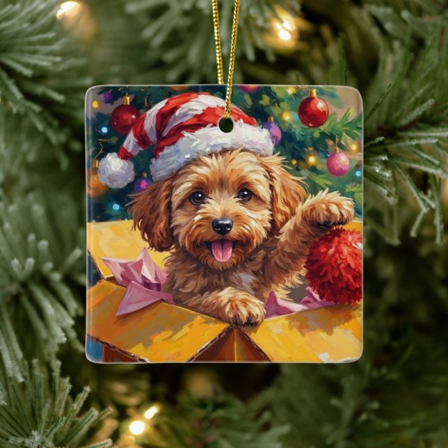 Cockapoo Dog Christmas Gift Box Surprise Julgransprydnad Keramik (Träd)