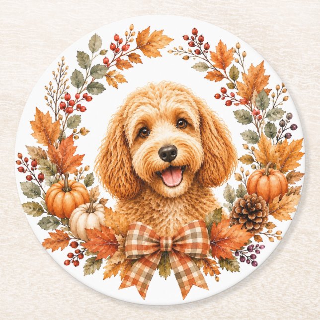 Cockapoo höstkrans coaster underlägg papper rund (Framsidan)