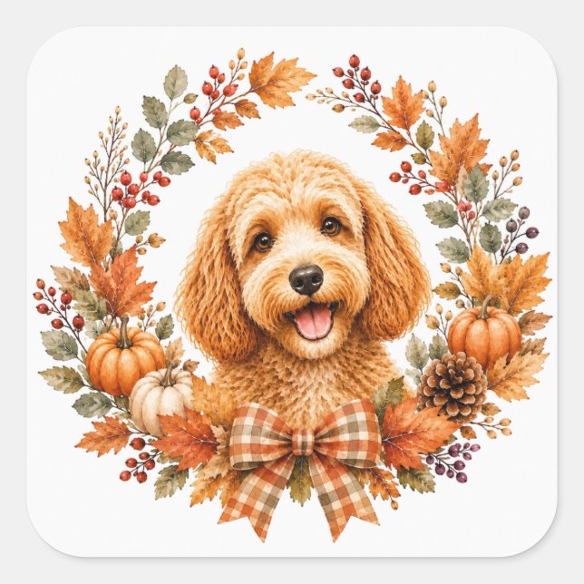 Cockapoo höstkrans fyrkantigt klistermärke (Framsida)