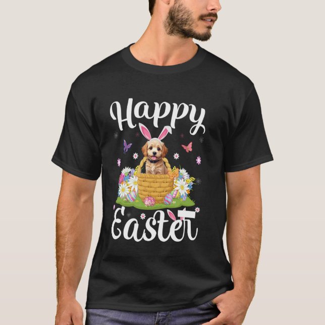 Cockapoo Hund Glad Påsk Äggjakt Kanin Öra Påsk T Shirt (Framsida)
