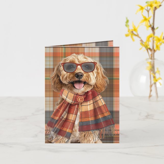 Cockapoo Hund Höst Plaid Monogram Kort (Gul blomma)