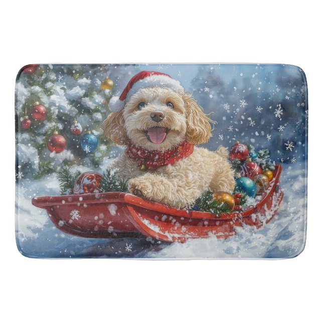 Cockapoo-hund i släde 'Låt det snöa' jul Badrumsmatta (Framsidan)