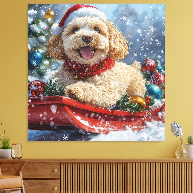 Cockapoo-hund i släde Låt det snöa jul Canvastryck (Insitu (Vardagsrum))