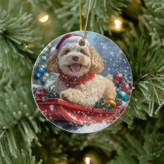 Cockapoo-hund i släde 'Låt det snöa' jul Julgransprydnad Keramik (Träd)