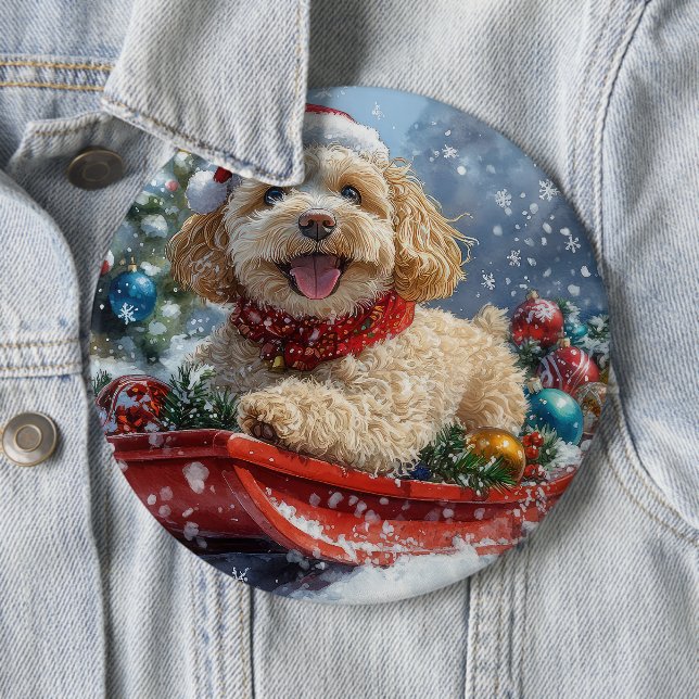 Cockapoo Hund i Släde Låt det Snöa Jul Knapp (In Situ)