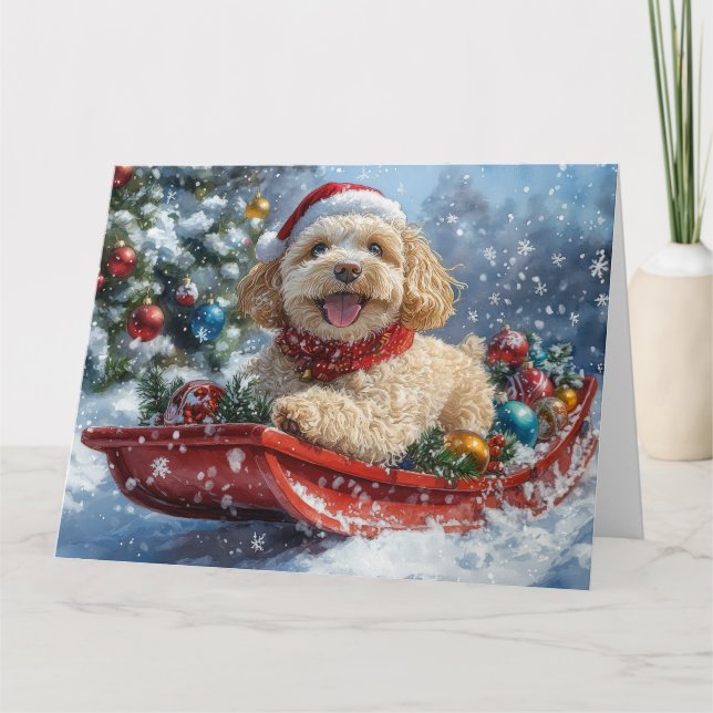 Cockapoo-hund i släde 'Låt det snöa' jul Kort (Framsida)