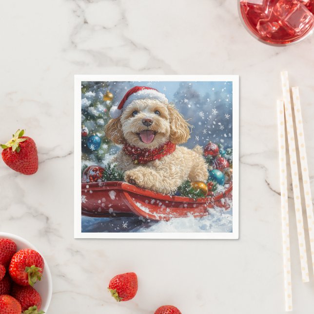 Cockapoo-hund i släde Låt det snöa jul Pappersservett (Insitu)