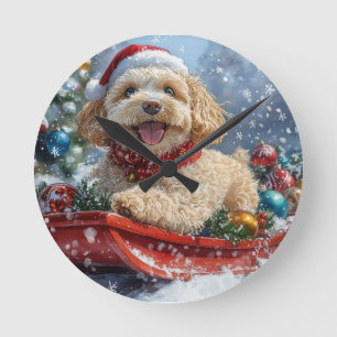 Cockapoo-hund i släde Låt det snöa jul Rund Klocka