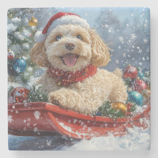 Cockapoo-hund i släde Låt det snöa jul Stenunderlägg (Framsidan)