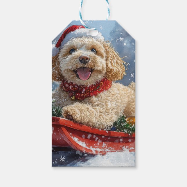 Cockapoo Hund i Sledge Låt det snöa jul Presentetikett (Framsidan)