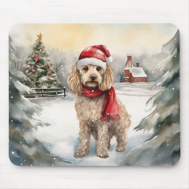 Cockapoo hund i snö jul  musmatta (Framsidan)